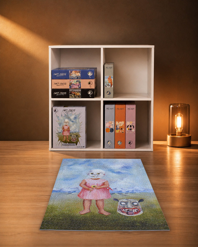 Puzzle d’art l'enfant au masque funéraire de Frida Kahlo dans une bibliothèque