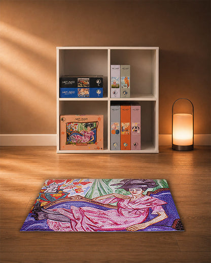 Puzzle d’art La Pink Lady de Olga Rozanova dans une bibliothèque